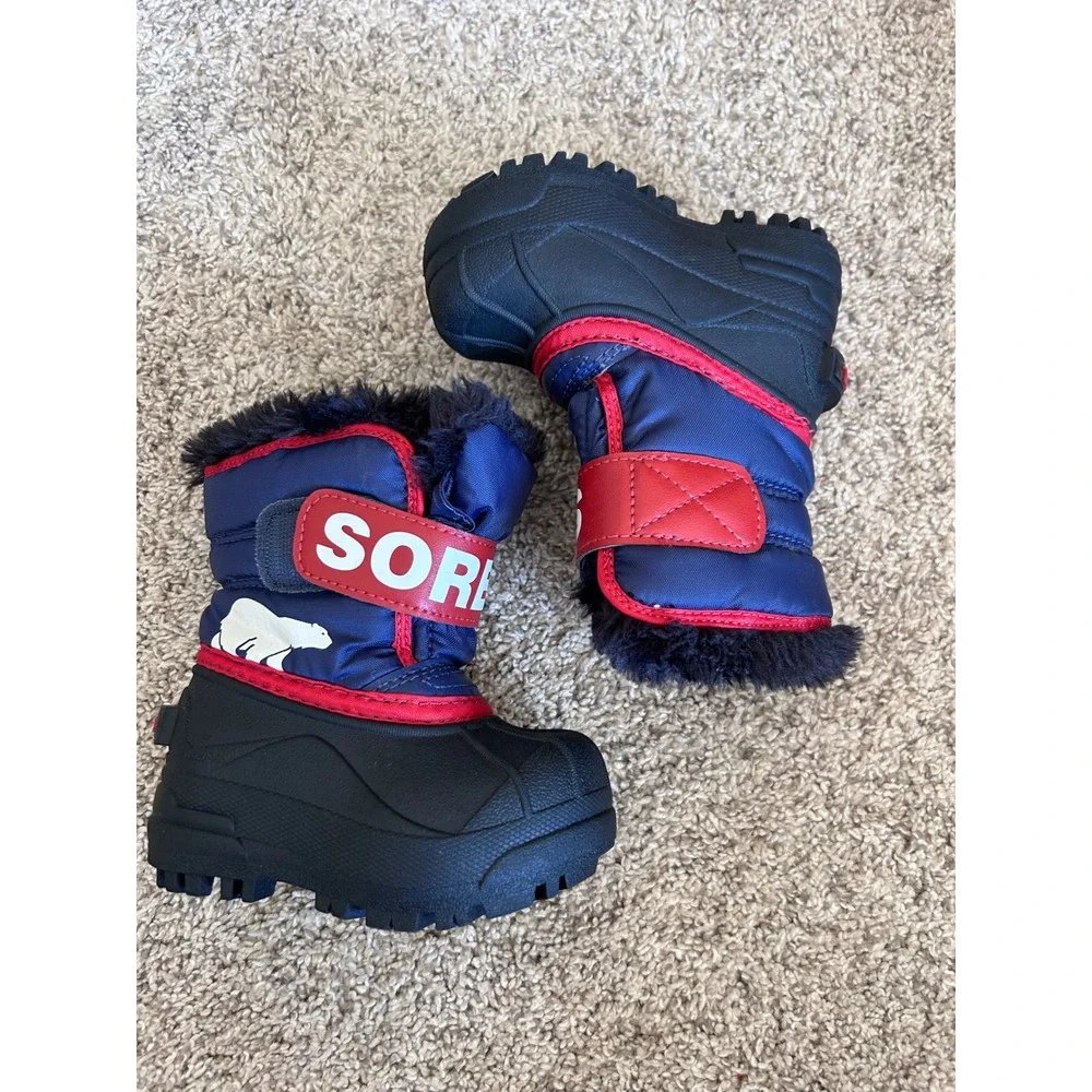 Sorel Snow Commander Snow Boots Logo Blue Red‎ Little Kids SZ 5